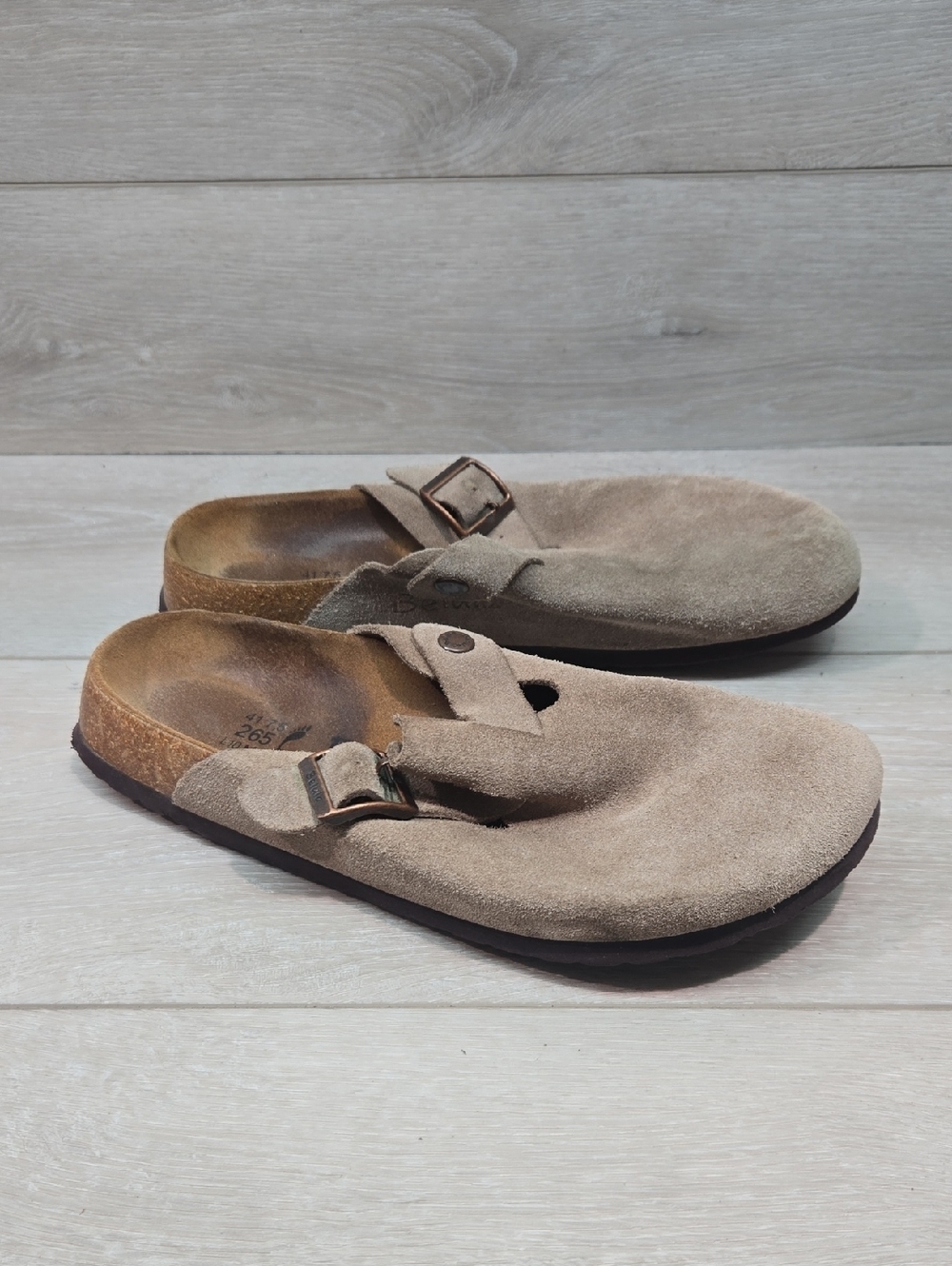 Betula By Birkenstock Women BostonSuede Buckle Slip-On Clogs in Taupe Sz 10 Mule